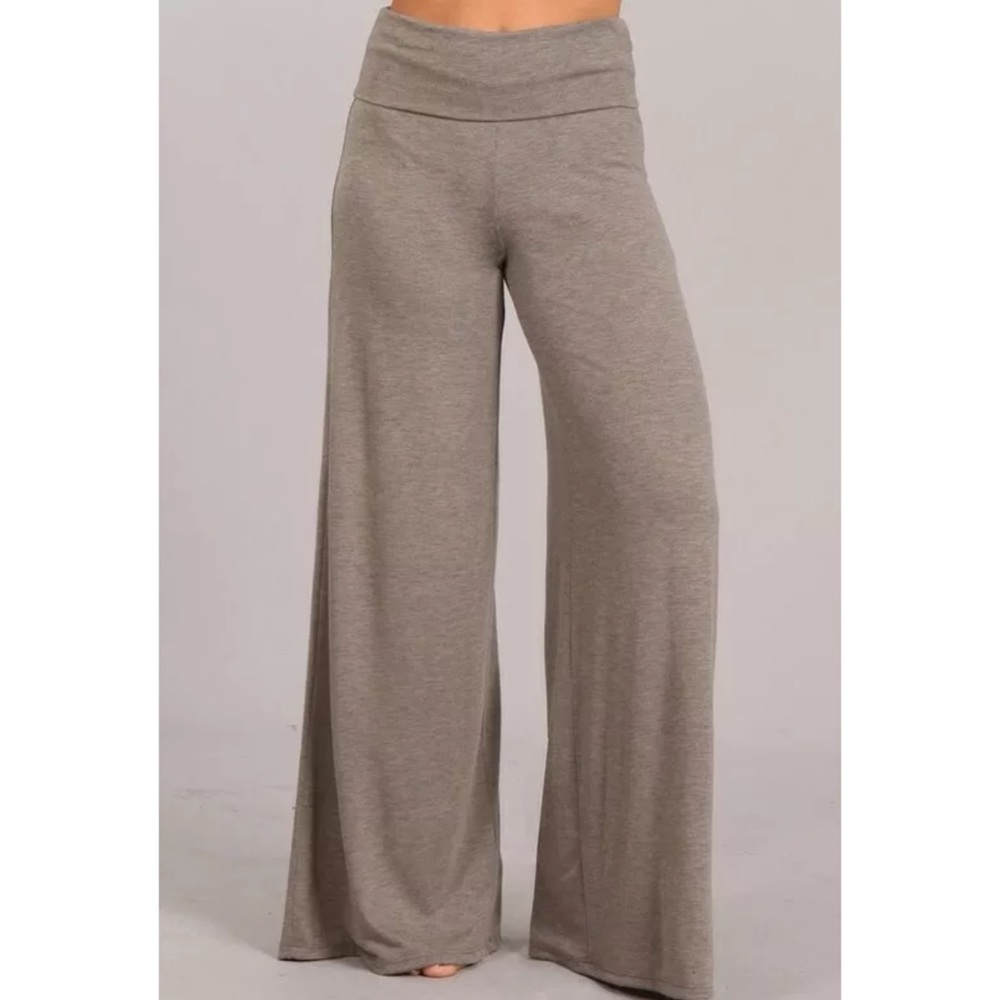 SOLD OUT Heather Taupe Wide Leg Palazzo Stretch Knit Pants - Picture 2 of 6